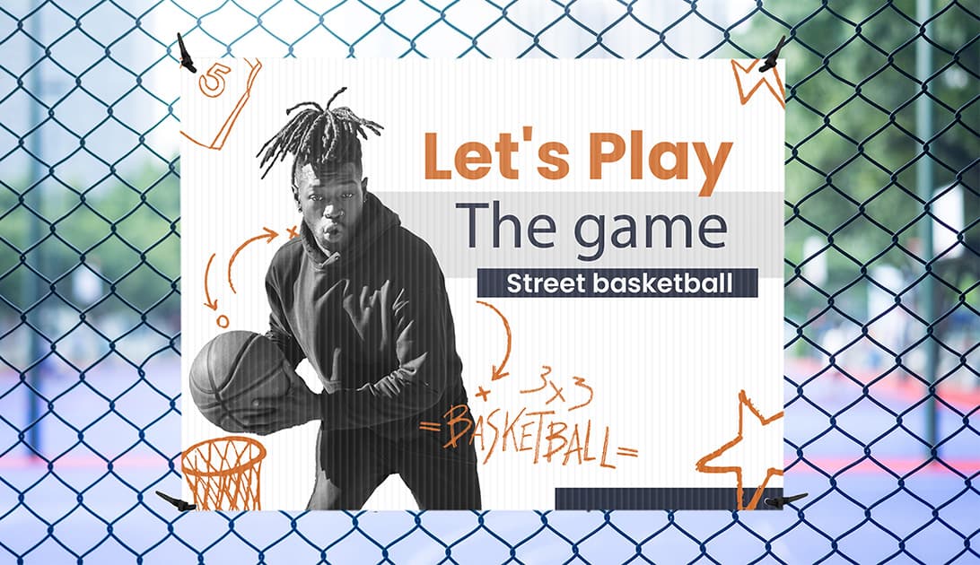 basketball coroplast sign on fence at court